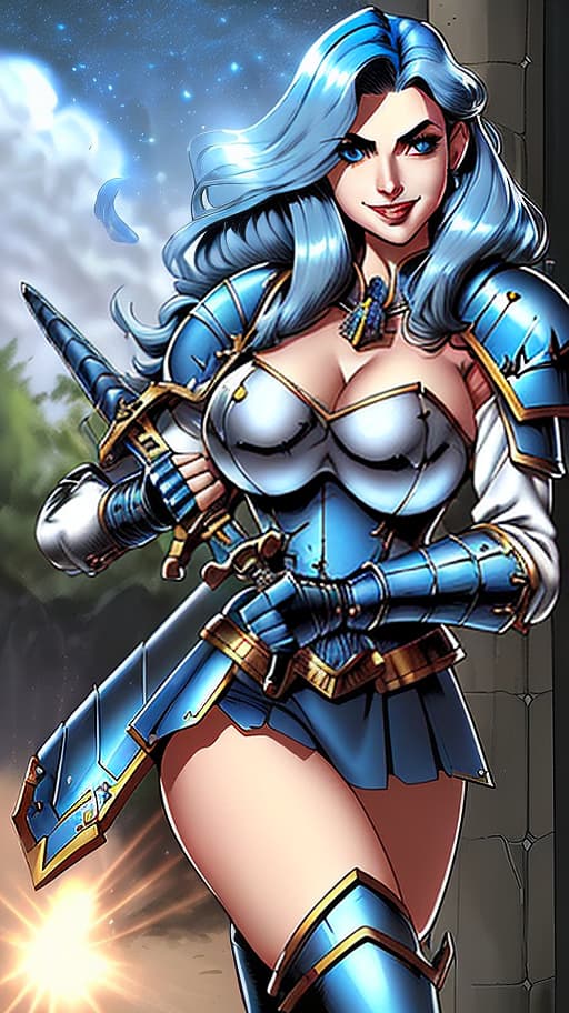  beautiful girl holds chainsword high, warhammer 40,000 ultramarine armored with no helmet, long hair, nimbus overhead, shining behind character, smiles