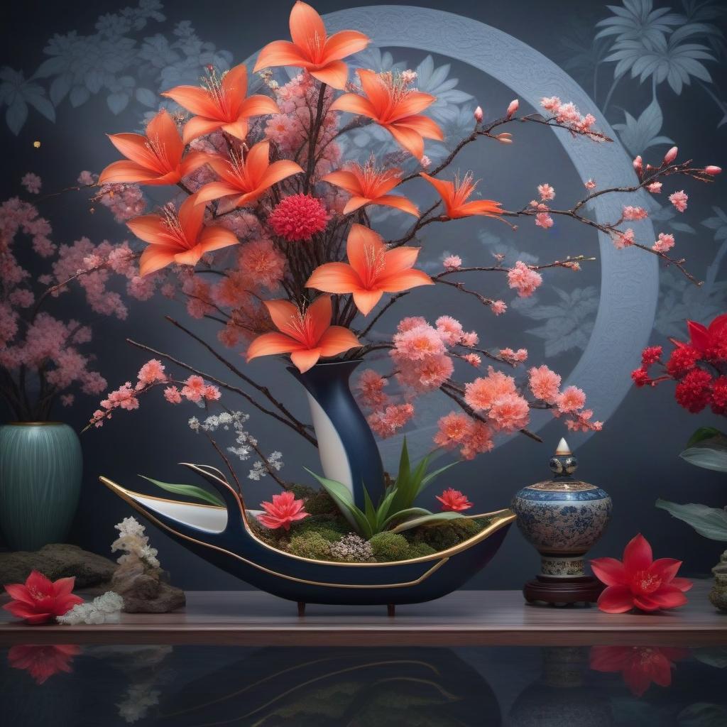  Ikebana with a porcelain boat hyperrealistic, full body, detailed clothing, highly detailed, cinematic lighting, stunningly beautiful, intricate, sharp focus, f/1. 8, 85mm, (centered image composition), (professionally color graded), ((bright soft diffused light)), volumetric fog, trending on instagram, trending on tumblr, HDR 4K, 8K