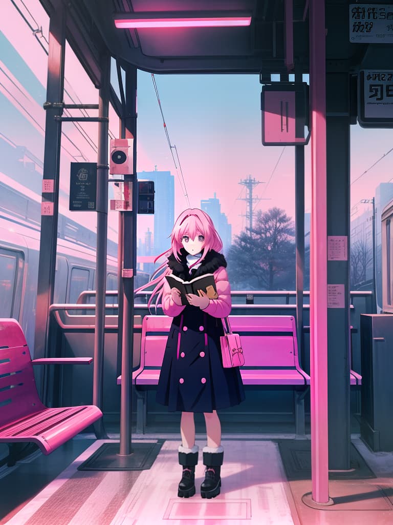  a girl standing on a train platform reading a book,an anime drawing,conceptual art,iphone background,((pink)),high contrast illustration,heavy winter aesthetics,studio gainax illustration,holding a book,anime style”