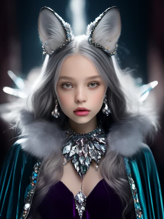  girl from crystals. tiadem in the form of silver ears of a fox made of crystals. collar by a fan of colored crystals. velvet cape