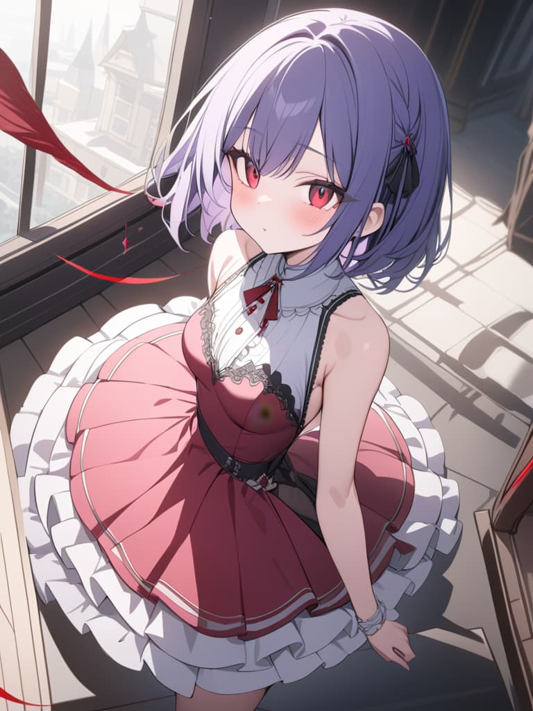  blue purple hair, bob hair, short hair, pink dress, red eye, vampire, devil feather, , young, red spear, young , dress, dress with ribbon, ta, masterpiece, best quality,8k,ultra detailed,high resolution,an extremely delicate and beautiful,hyper detail