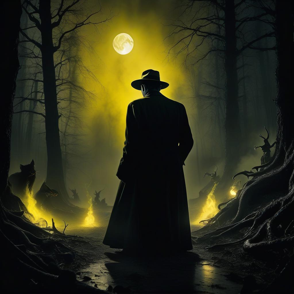  film noir style in a gloomy forest, a greasy toothed sorcerer sits and looks at the fiery creatures shrouded in yellow smoke with red threads green sparks moon stars rays of white light . monochrome, high contrast, dramatic shadows, 1940s style, mysterious, cinematic