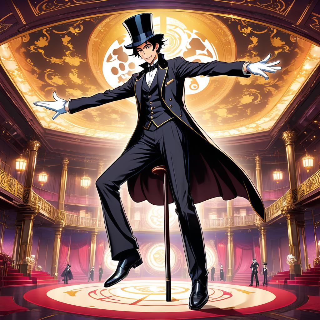  anime artwork beautiful thin man, tall, dark haired, thin mustache, goatee, thin face, wrinkles, black tailcoat, black trousers, black shoes, top hat, cane with a skull, white gloves, stage, the world rotates, floor above, ceiling below, stands upside down, boxes fly in the air, (high detail), (high resolution), (ultra detaile) quality 2 . anime style, key visual, vibrant, studio anime, highly detailed