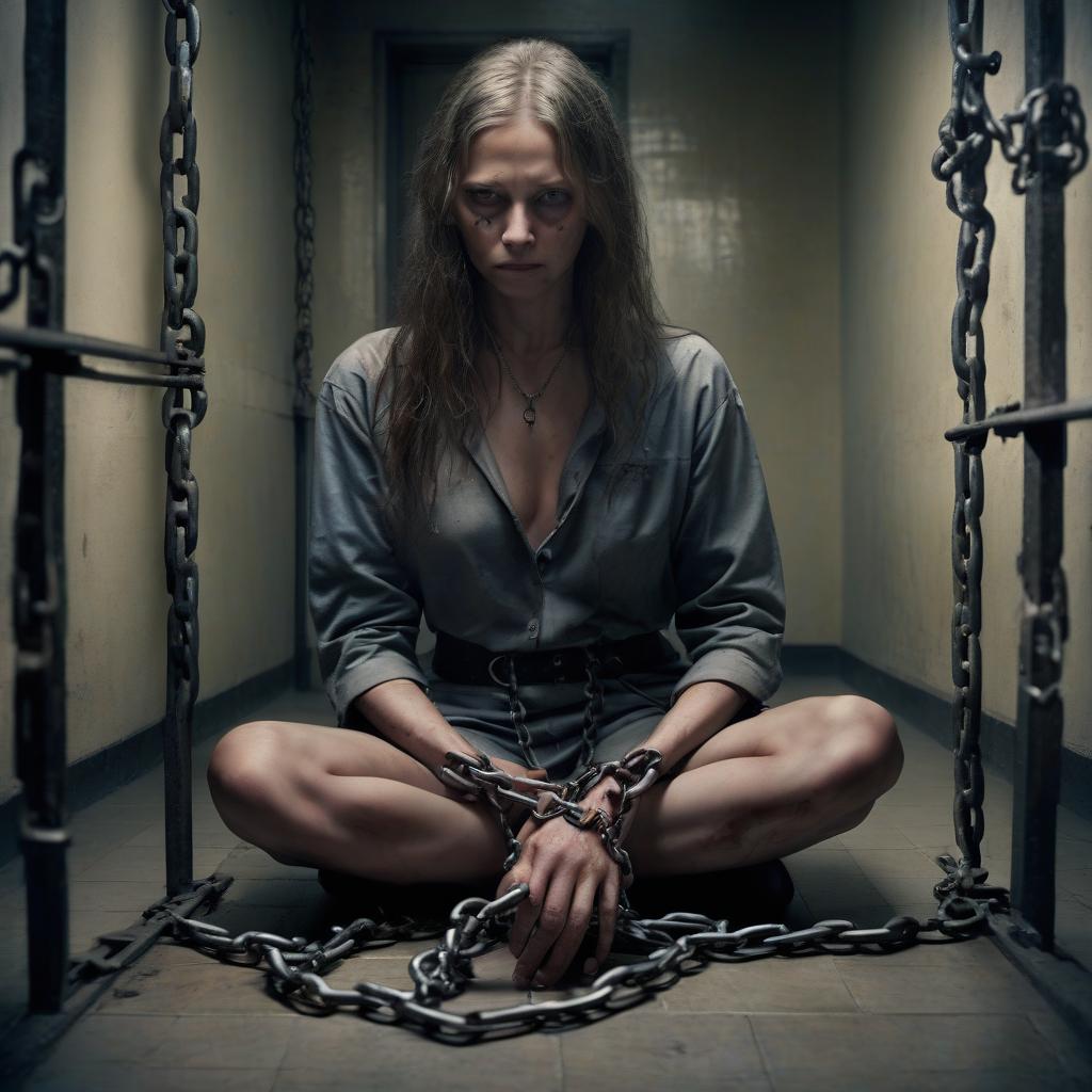  realistic full length photograph of a chained by her hands in a prison cell. her clothes are torn on her .