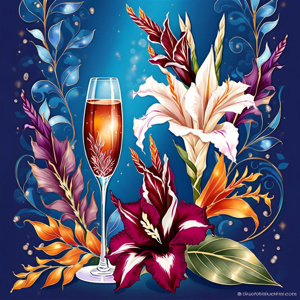  ethereal fantasy concept art of (crystal tall glass):champagne with ice cubes and chocolate. (birthday greeting card) card design: bluish blue background with ((decorated with fine fractal glitter, bright leaves, ink sketch lines on blue background, outlines, falling autumn leaves, silver swirls, autumn leaves, elegant, thin, ((profile of a woman's face, in the style of autumn art fantasy 1,7)) . (in the centre of the card is a bouquet with white gladioluses inscribed (("for you")).((bouquet of burgundy gladioluses surrounded by multicoloured foliage 1,2)) (colour of the bouquet): burgundy red with orange border. (foliage colour) :golden, silvery white, burgundy, green, golden green, (style):fantasy, design art, greeting cards. (style):fan