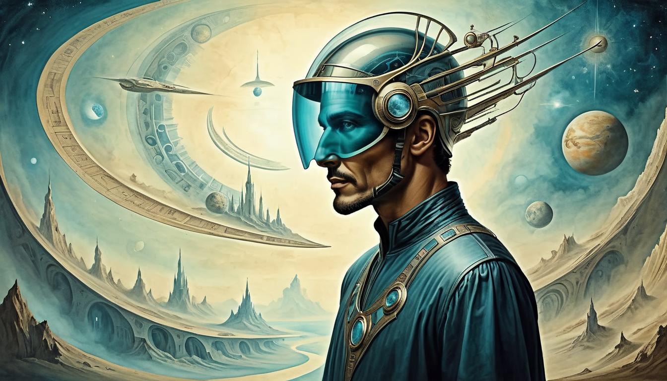  on parchment, surrealism+++, a person with a futuristic visor, seeing multiple timelines and future events unfolding, ethereal and abstract(mysterious, provocative, symbolic,muted color)+++