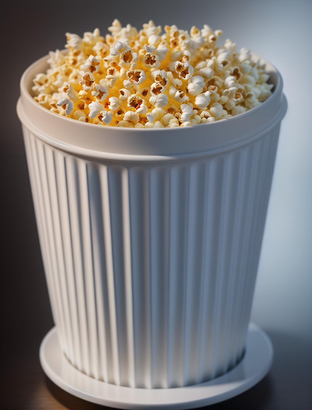  tub of popcorn with a happy face hyperrealistic, full body, detailed clothing, highly detailed, cinematic lighting, stunningly beautiful, intricate, sharp focus, f/1. 8, 85mm, (centered image composition), (professionally color graded), ((bright soft diffused light)), volumetric fog, trending on instagram, trending on tumblr, HDR 4K, 8K