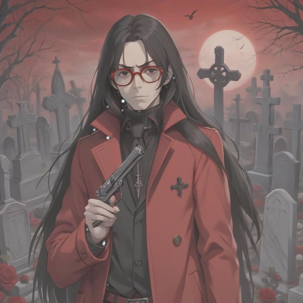  pale man, tall, black long hair, red eyes, in the background of the cemetery, in a red coat, with two pistols in his hands, in red round glasses