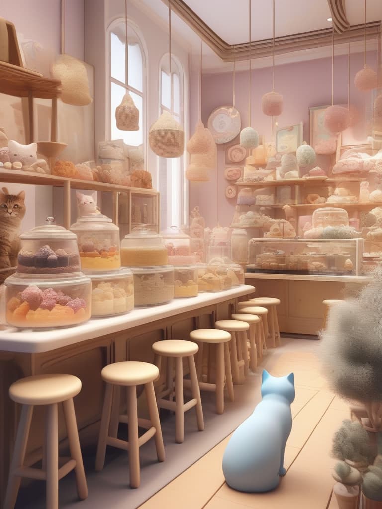  lots of dessert, pastel color, cat cafe, masterpiece, best quality,8k,ultra detailed,high resolution,an extremely delicate and beautiful,hyper detail