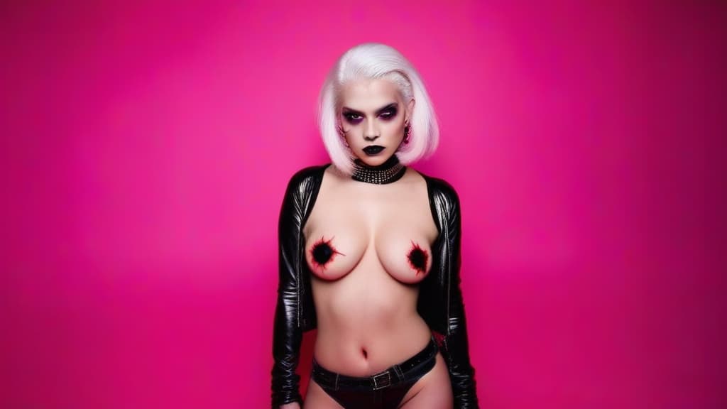  ,6 age girls,full body shot portrait horrifying scary evil undead pale shiny skin medium white hair ,full white eyes, standing,black lips, black dripping eyeshadow scars body tattoos ,in pink cotton with red trim and bulge in crotch pink 