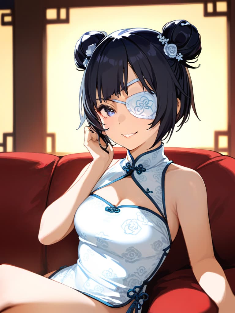  ultra detailed:1.2,masterpiece:1.2,best quality,masterpiece,bestquality,hdr:1.1,8k:1.1,very cute girl:1.3,(black hair,bob cut,double bun,double bun:1.4),((white china dress,japonica pattern:1.5)),((eyepatch rose shaped:1.6))(seductive smile,grin:1.1),(sitting couch:1.3)((cross legs:1.3)),(head rest:1.3),(holding open handfan:1.2)(upper body,face focus:1.4)