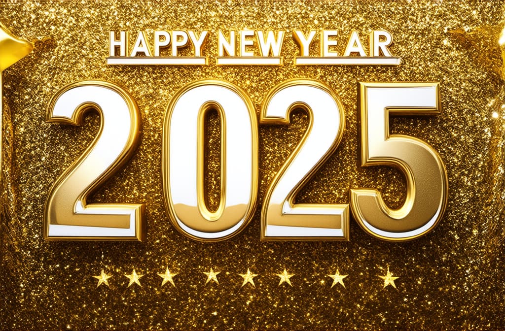  professional detailed photography, happy new year 2025 poster on golden background ar 3:2, (muted colors, dim colors, soothing tones), (vsco:0.3)