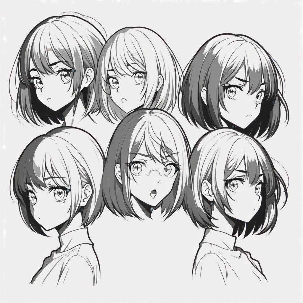  line art drawing 6 girl head different angle, same nightmare. anime style . professional, sleek, modern, minimalist, graphic, line art, vector graphics