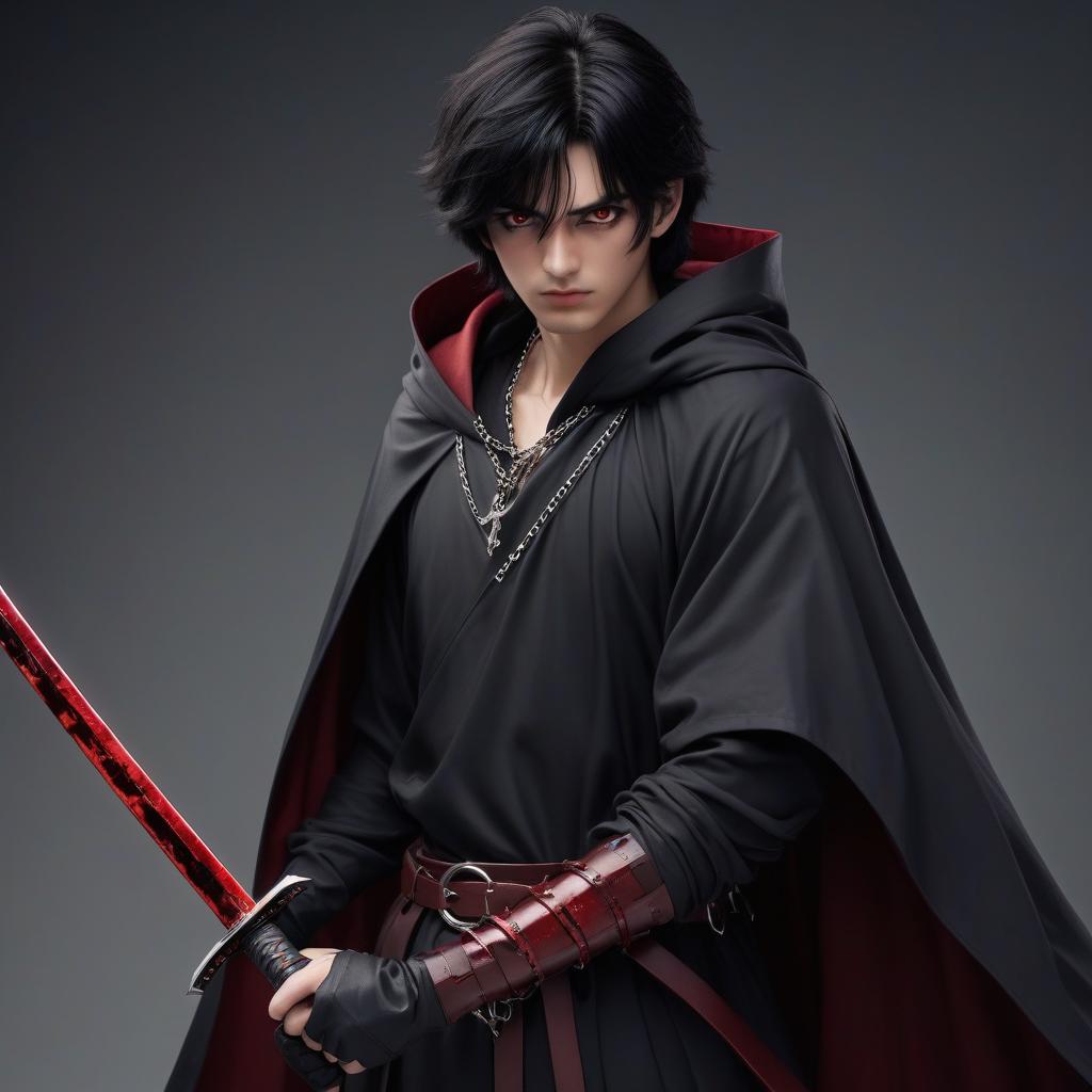  a black haired guy about 17. in a cloak on an iron chain clasp. a slight paleness. brown eyes. he has a katana weapon with a blood red blade