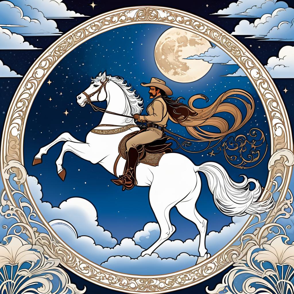  art nouveau style a cowboy rides a horse among the clouds dragging a bound moon . elegant, decorative, curvilinear forms, nature inspired, ornate, detailed, civitai