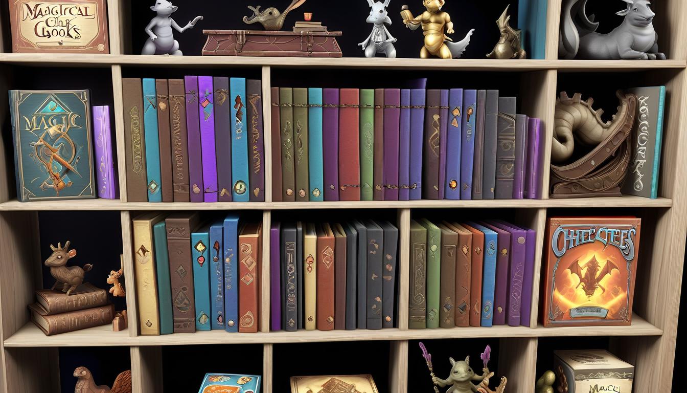  magic rack with board games and books, on which there are magical artifacts and chests