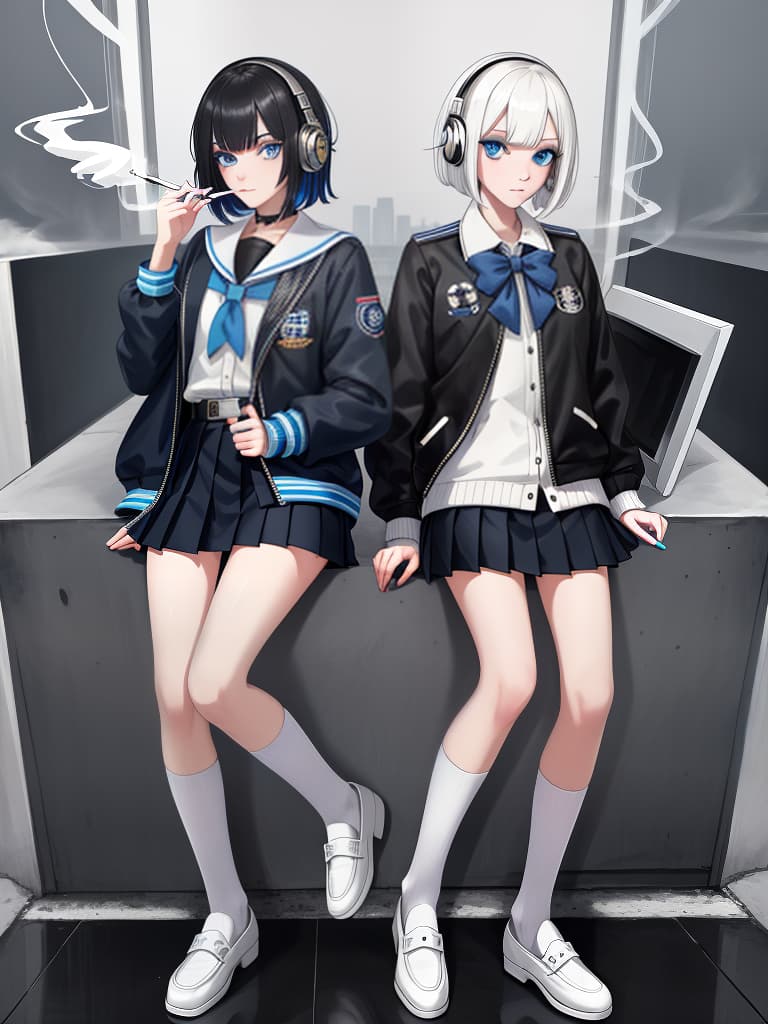  headphones, blue eyes, cigarettes, smoking cigarettes, mine makeup, s with bob hair, s who smoke cigarettes, s wearing headphones, souvenir jacket, souvenir jacket , a wearing white sailor uniform, white pleated , whole body, black loafer, masterpiece, best quality,8k,ultra detailed,high resolution,an extremely delicate and beautiful,hyper detail