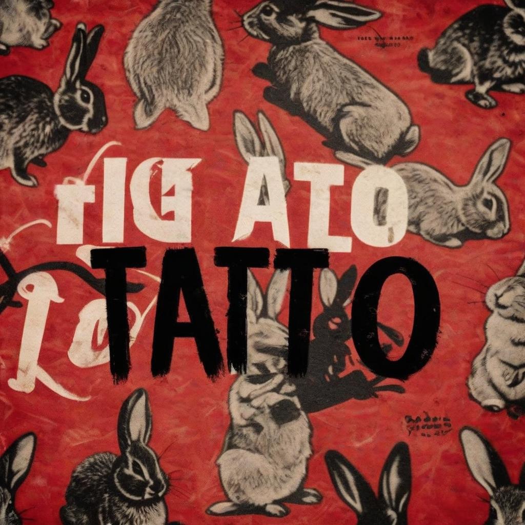  analog film photo patterned red black carpet cover rabbits tattto with the inscription tattoo . faded film, desaturated, 35mm photo, grainy, vignette, vintage, kodachrome, lomography, stained, highly detailed, found footage