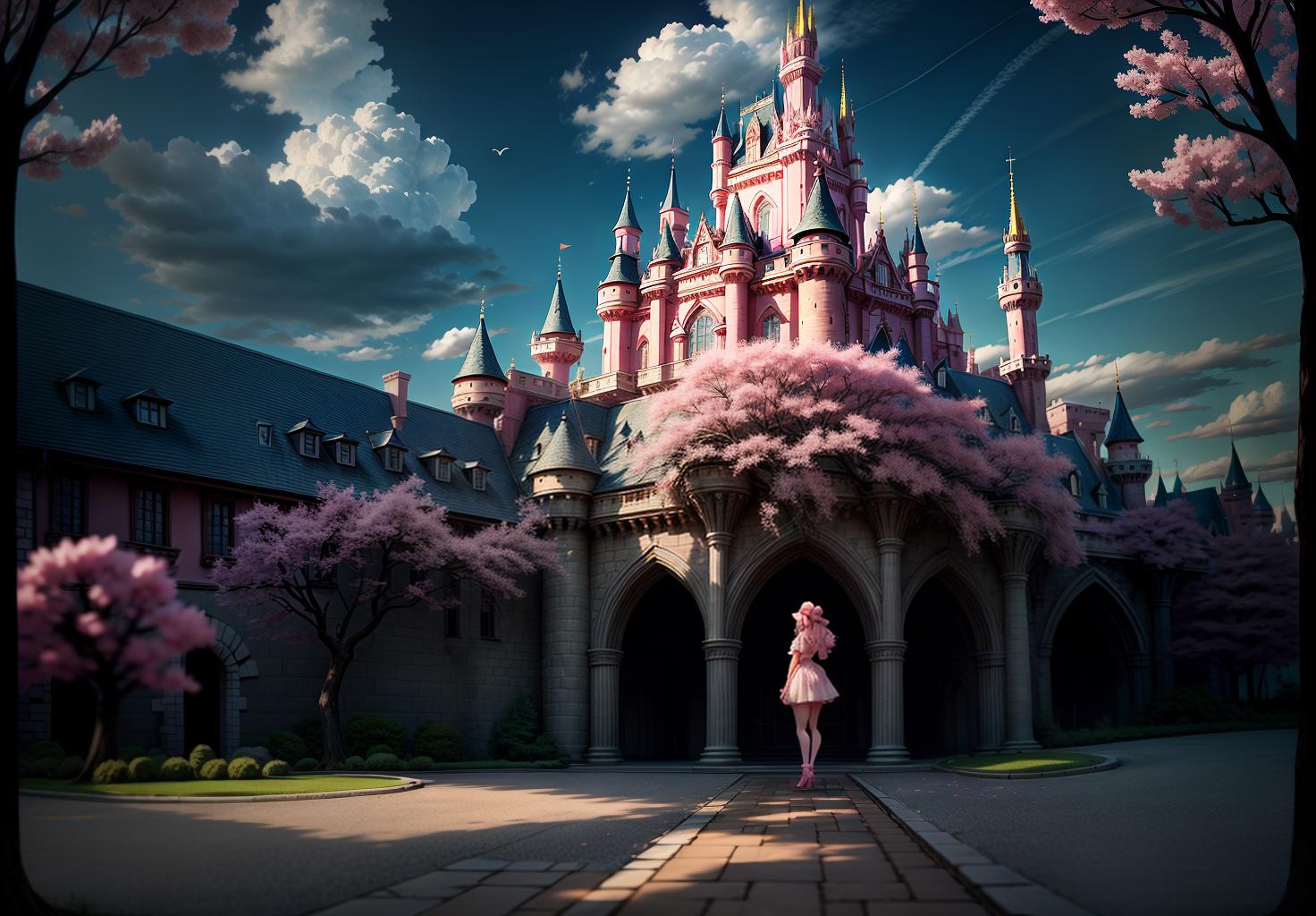  (front view:1.5),mid shot,romantic,mhxy,cloud,scenery,sky,outdoors,no humans,tree,blue sky,day,bird,bridge,cloudy sky,fantasy,cherry blossoms,cityscape,building,(pink disney castle),8k,best picture quality,blender,camera 4d,octance rendering,supplementary picture,(fairytale)