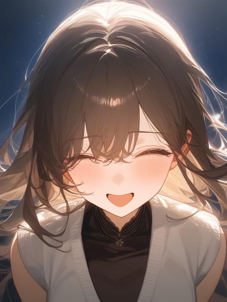  a girl laughing at me, bright brown hair, long hair, transparent ephemeral, black sleeveless dress, white cardigan, whole body facing in front, laughing, laughing, starry sky under the whole body, facing here, masterpiece, best quality,8k,ultra detailed,high resolution,an extremely delicate and beautiful,hyper detail