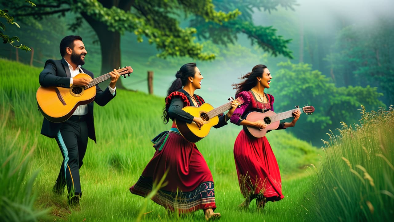  a vibrant scene depicting musicians in traditional attire, playing folk instruments like a lute and a fiddle, surrounded by lush nature, with people dancing joyfully, capturing the essence of cultural heritage and community. hyperrealistic, full body, detailed clothing, highly detailed, cinematic lighting, stunningly beautiful, intricate, sharp focus, f/1. 8, 85mm, (centered image composition), (professionally color graded), ((bright soft diffused light)), volumetric fog, trending on instagram, trending on tumblr, HDR 4K, 8K