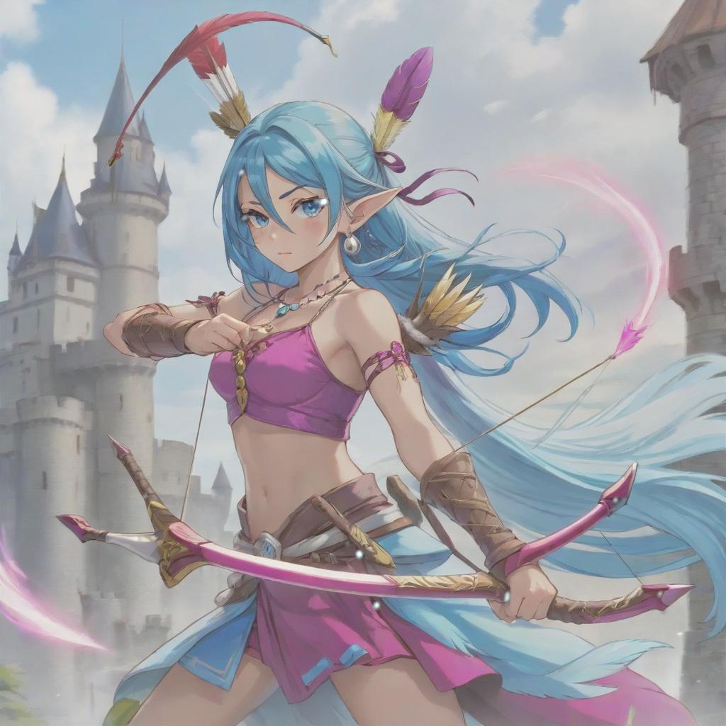  long exposure photo of portrait of strong rage amazonas archer. aqua eye. long blue hair. tilting head down, magenta mantle, shoulder pad feather, accessory necklace with pearls on the forehead, against the background of the castle siege . blurred motion, streaks of light, surreal, dreamy, ghosting effect, highly detailed, sticker, hkmagic