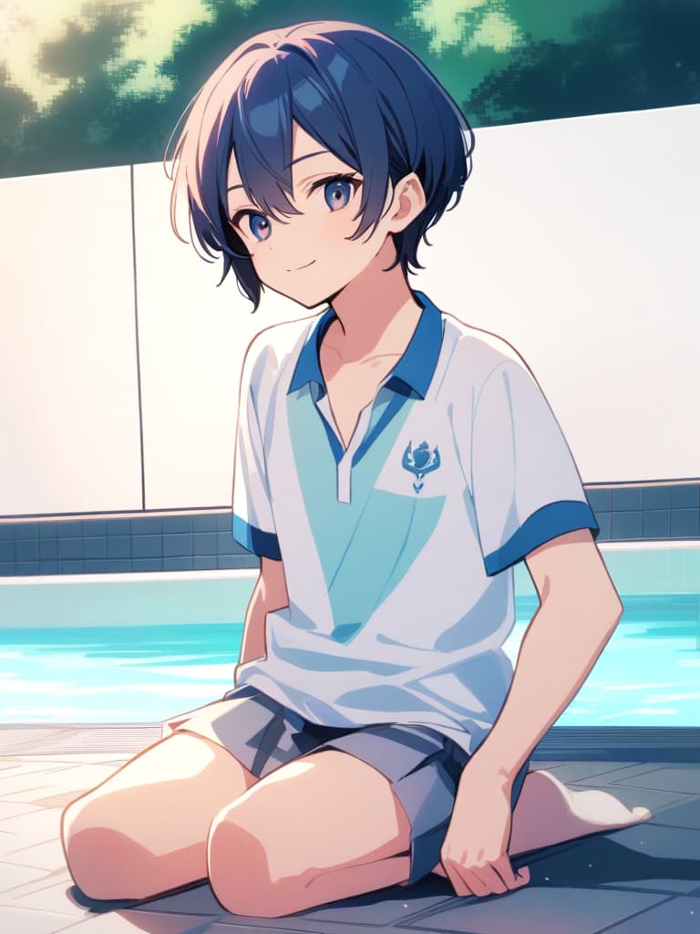  s junior high , (male ), 's body, old (dark blue old ), male, , front, cute smile ( face), bob cut, whole body, pool,