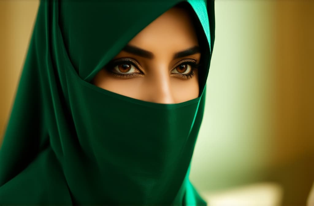  cinematic film style, brown mysterious eyes of an arab woman in a green niqab close up ar 3:2, shallow depth of field, vignette, maximum details, high budget hollywood movie, bokeh, cinemascope, moody, epic, gorgeous, sun rays and shadows on furniture and surfaces, flattering light, raw photo, photography, photorealistic, 8k resolution, f1.4, sharpened focus, sharp focus