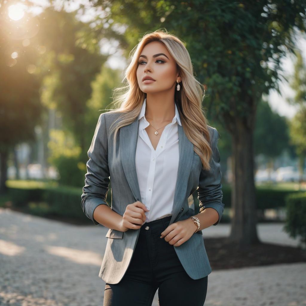  cinematic photo a beautiful caucasian woman. walking in a park. with suntanned skin. with full lips. with long blonde hair in a ponytail. wearing muted lipstick. with smokey eyes. wearing jewelry. wearing a cropped blazer. wearing high heel boots. wearing skinny jeans. wearing a button down shirt. viewed from the side.. 35mm photograph, film, bokeh, professional, 4k, highly detailed