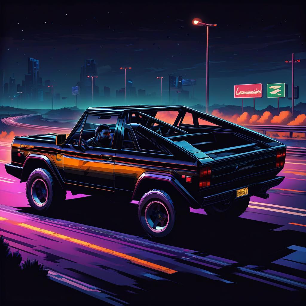  retro game art black, brutal lamborghini ford bronco at night on the highway . 16 bit, vibrant colors, pixelated, nostalgic, charming, fun