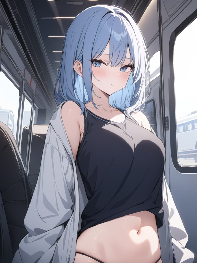  light blue, train, hair water blue, bob hair, masterpiece, best quality,8k,ultra detailed,high resolution,an extremely delicate and beautiful,hyper detail