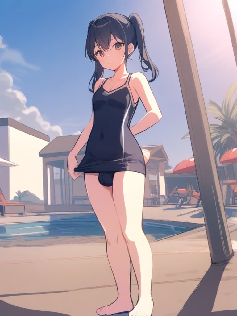  women's elementary students (male), twin tails, cute smiles, (rich s), short stature, dark blue swimwear, old swimwear, swimwear, simple, (upward), upward, (bulge), front, whole body, pool side ,,,