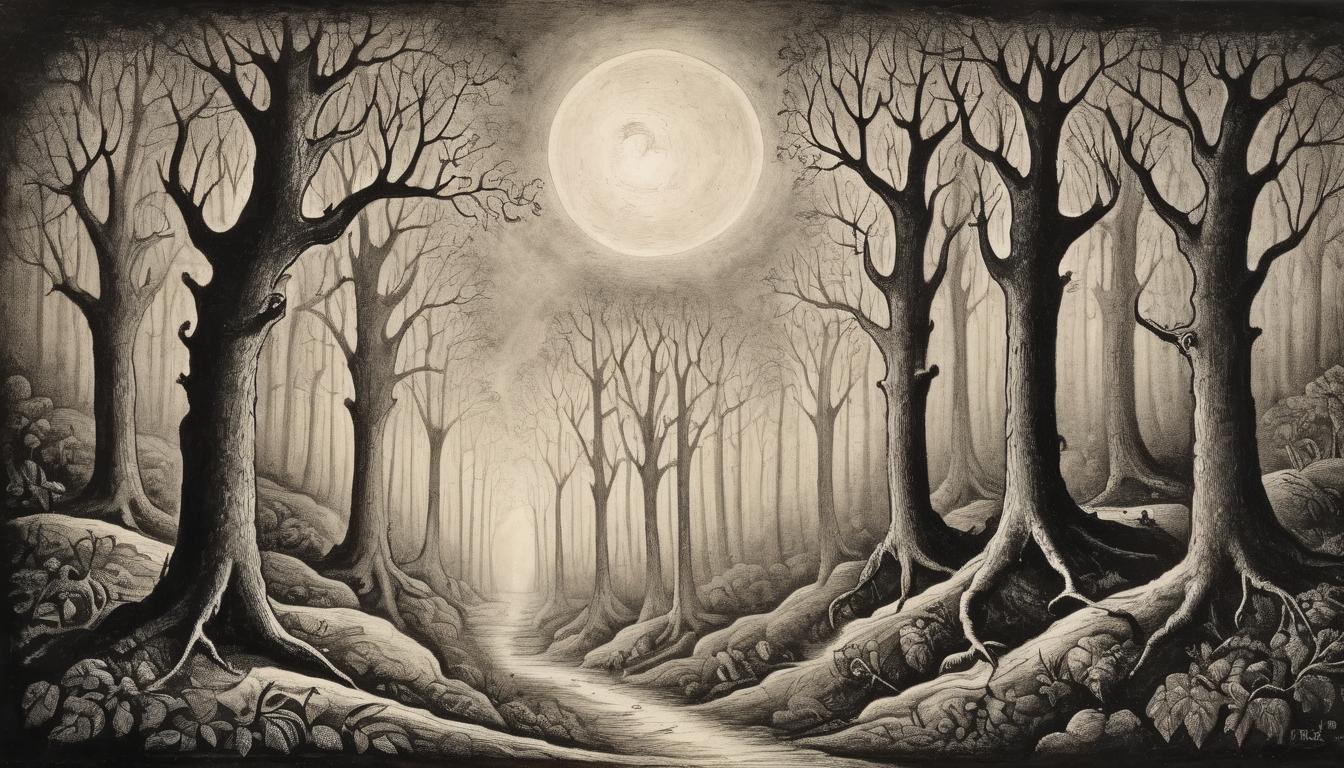  on parchment, surrealism++, a path diverging in a dense forest, one path illuminated by moonlight, leading upward, other path covered in shadows, mystery, destiny, contrast(mysterious, provocative, symbolic)++