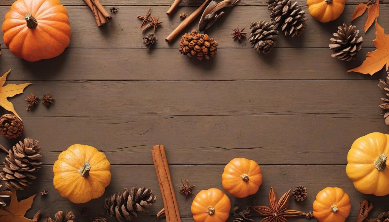  an autumn themed arrangement on a wooden surface with copyspace. it includes various pumpkins, pine cones, dried leaves in warm shades, cinnamon sticks, star anise pods, and slices of dried orange.