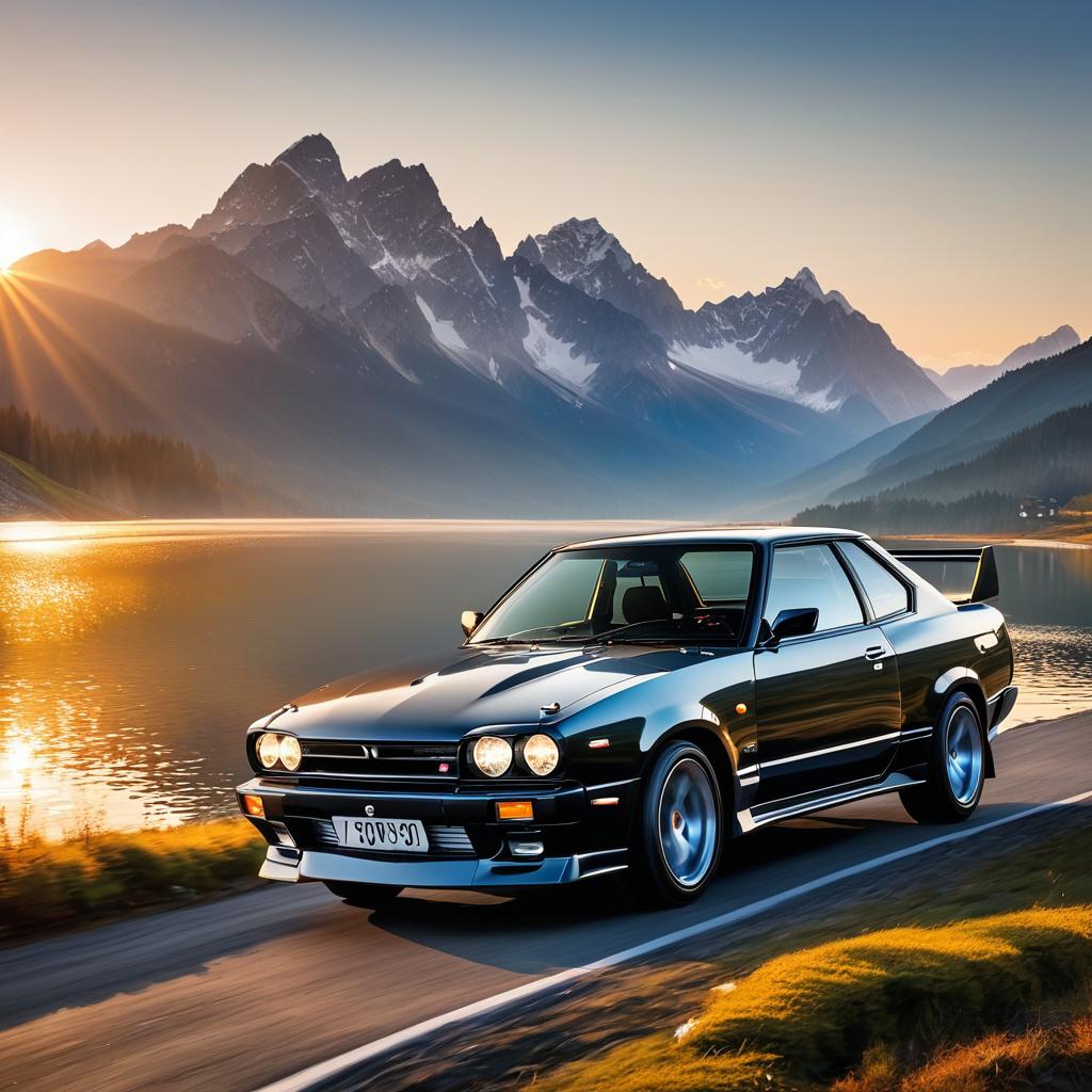  a nissan skyline driving into the sunset on a lake with the rocky mountains beside it