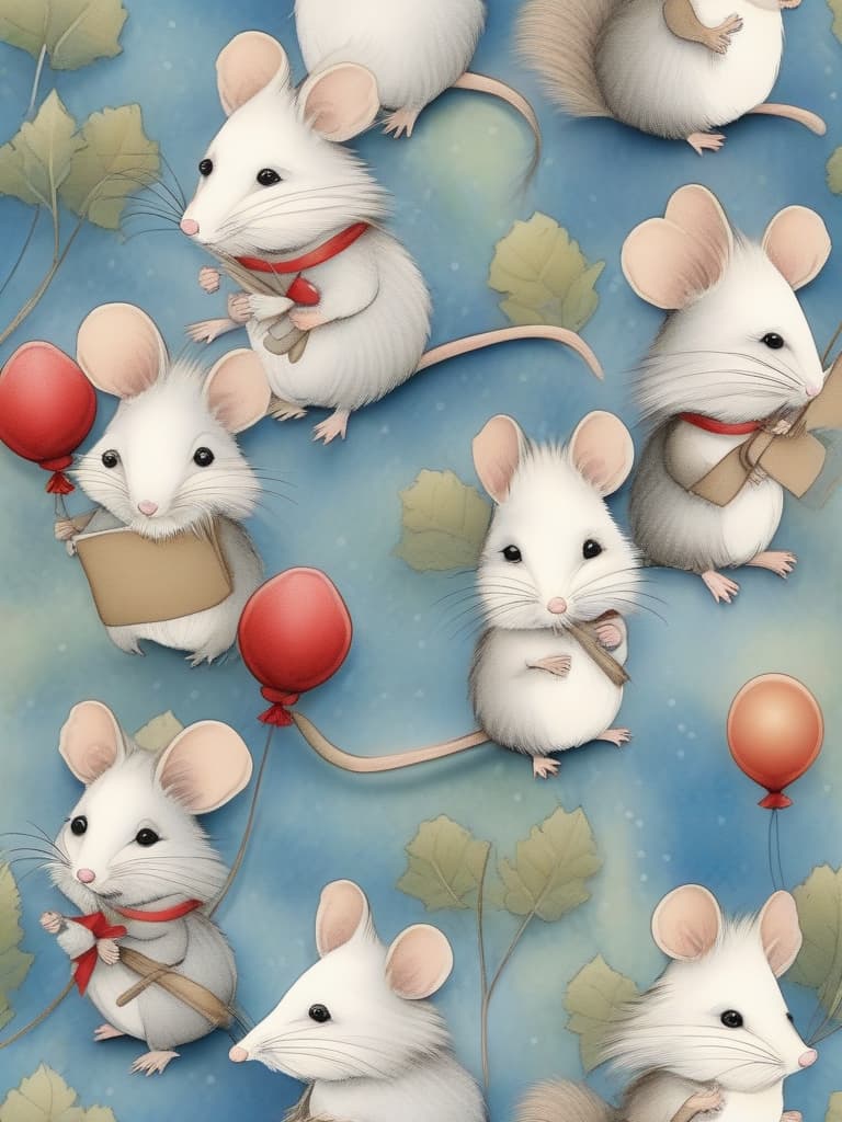  a masterpiece,(((5 little mice))),holding a red balloon 🎈,a letter tied to the end of a balloon string,acorns,smiles,good friends,fairy tale style,crayon drawing,gentle colors,delicate,detailed,