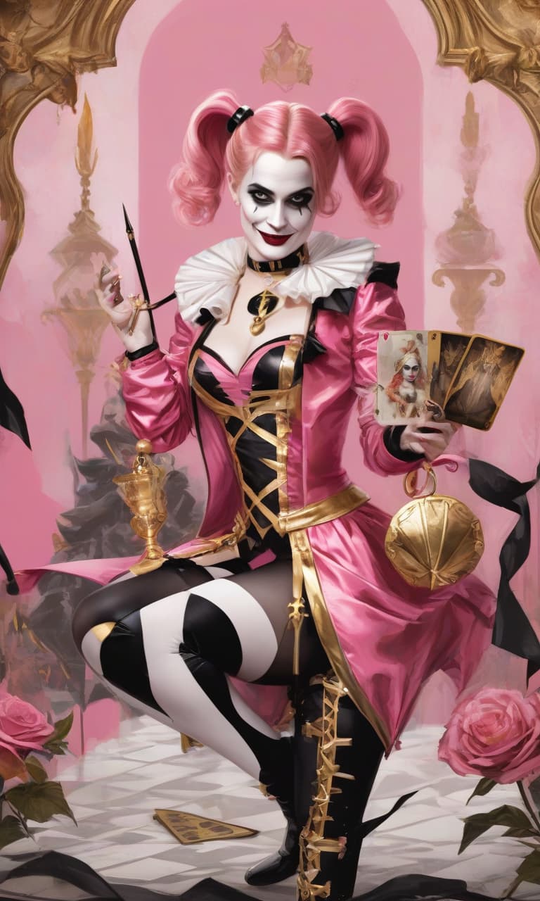  concept art pink, gold, black, white tarot margot robbins as harley quinn costume . digital artwork, illustrative, painterly, matte painting, highly detailed, perfect hands