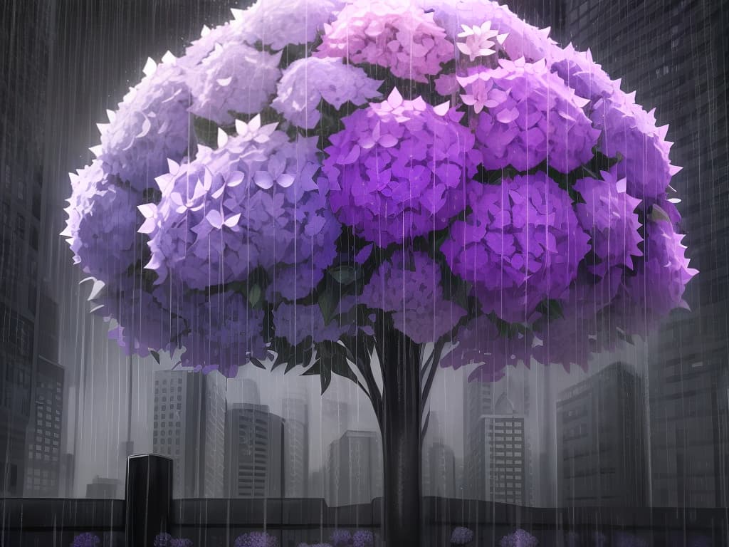  monochrome background, (rainy city), purple hydrangea, realistic, clear purple