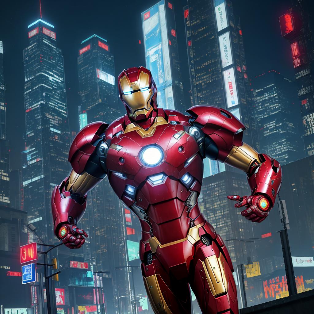  masterpiece, best quality, Best quality, masterpiece, 8k resolution, realistic, highly detailed, close up of Iron Man. In a cyberpunk-style night scene of the city, he stands on a street lined with tall buildings. The city's night lights are bright, The surrounding buildings and streets are filled with cyberpunk elements such as neon lights, high-tech devices, and futuristic architectural designs.