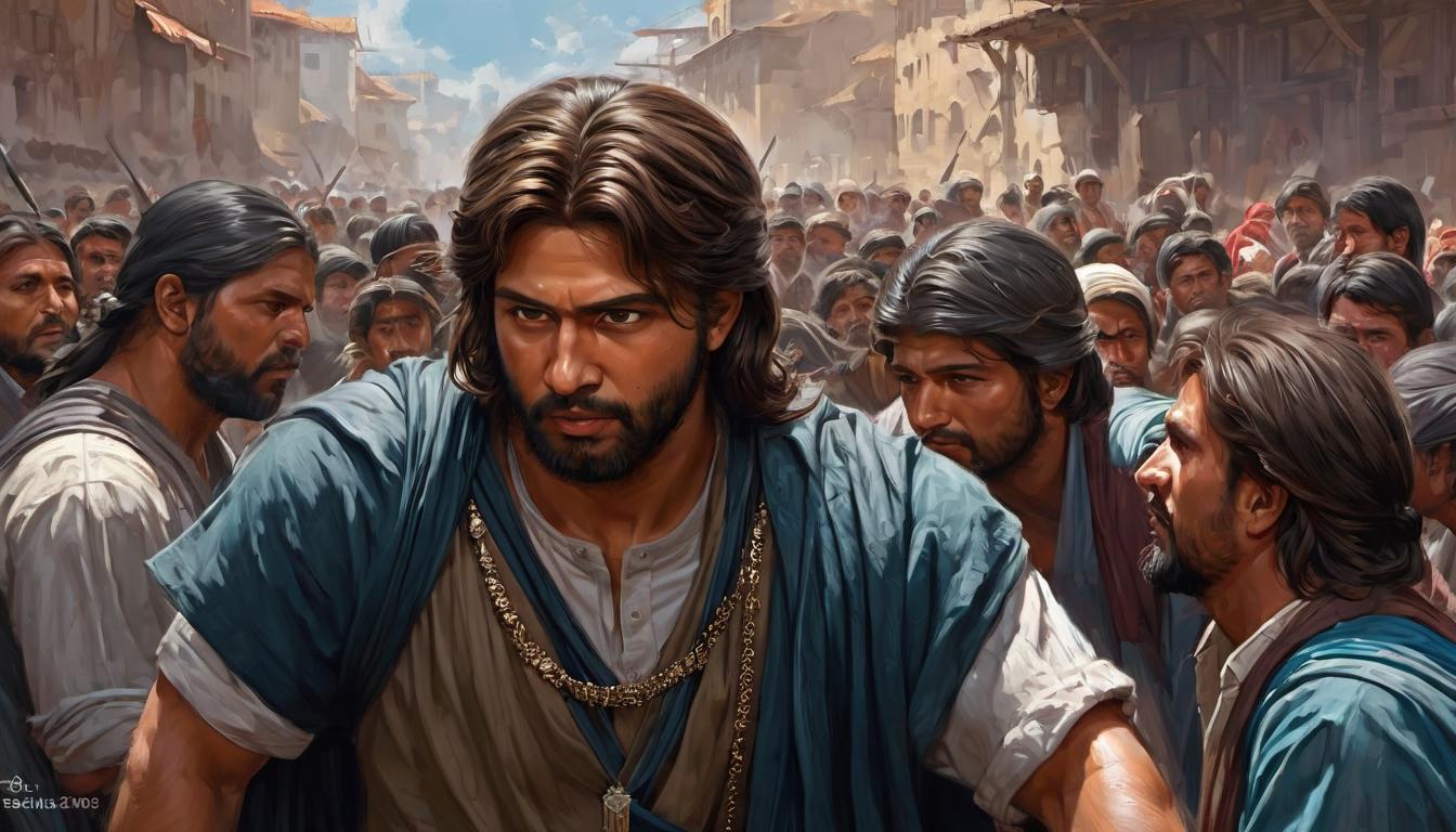  digital painting of prophet, animated expression, urgency in posture, dispersed crowd, some situational despair, mood of helplessness looking at viewer, dynamic pose, (intricate details, masterpiece, best quality)