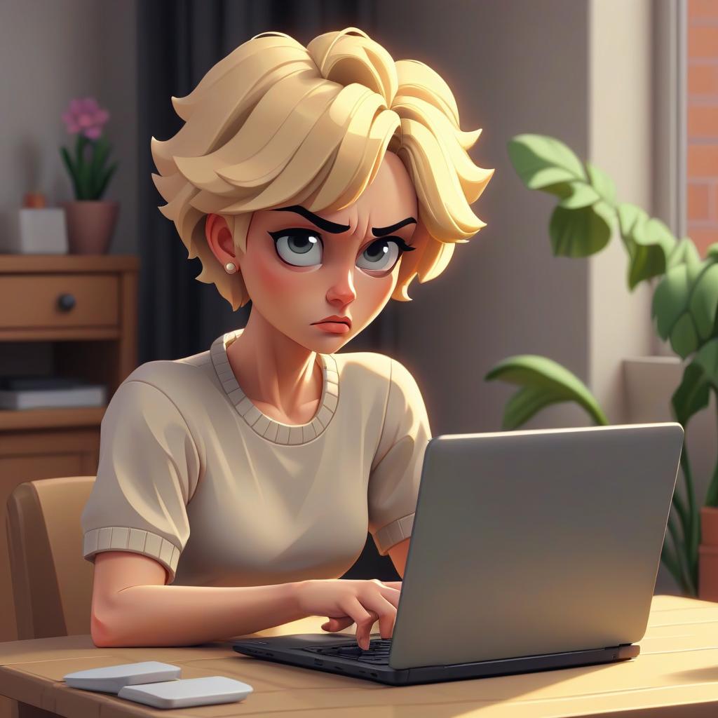  pixel art a woman with a laptop with short blonde hair kara sits in a home setting . low res, blocky, pixel art style, 8 bit graphics