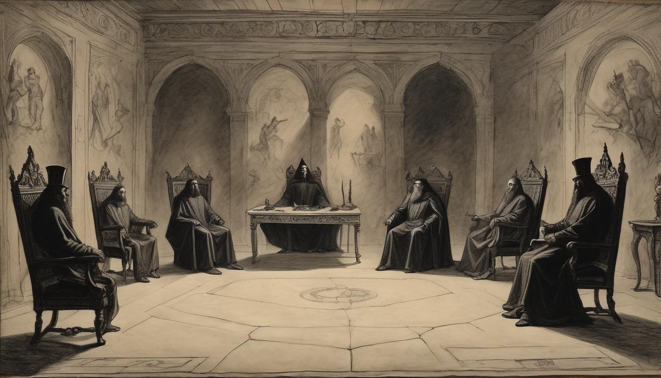  on parchment, surrealism++, a grand throne room with dark, imposing chairs, figures shrouded in enigmatic shadows, authoritative, tense(mysterious, provocative, symbolic)++