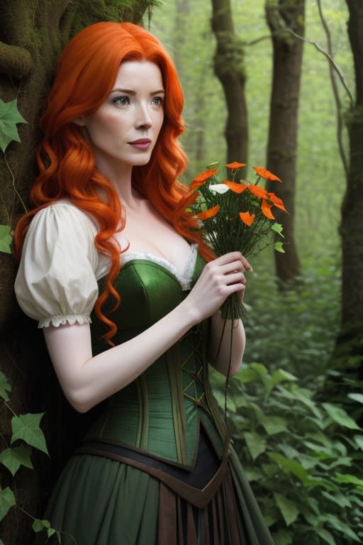  Bridget Regan with straight orange hair, (((green eyes))), green corset, ivy leaves, leaves in hair, hippie, in the woods picking flowers