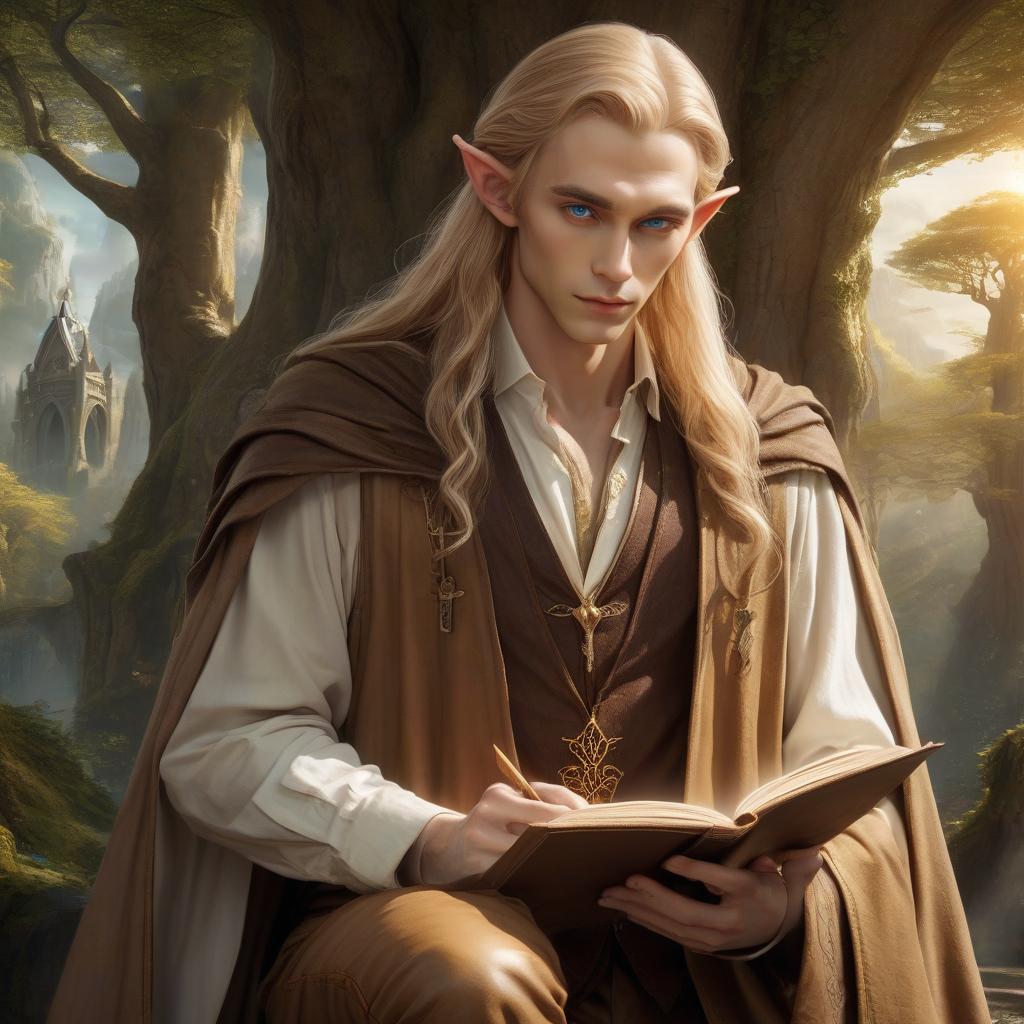  very beautiful low and slender elf with light skin, long straw hair and blue eyes, dressed in a white shirt and brown pants, a brown cloak hangs on his shoulders, an open book with leather binding and a drawing of a tree made of golden lines hovers in front of the elf, a wizard's tower, hkmagic