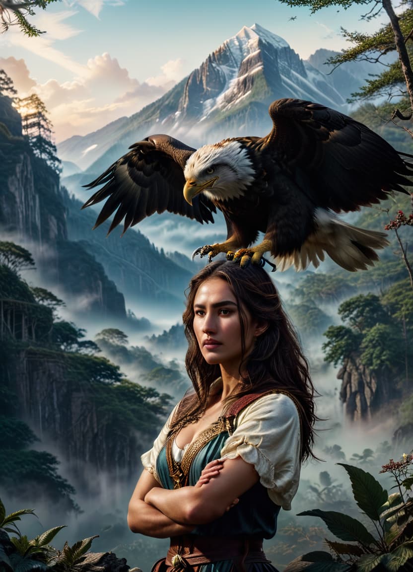  a captivating cinematic scene featuring a young woman with an eagle perched on her arm. the woman stands gracefully, dressed in rustic yet elegant attire that suggests a connection with nature. the eagle, majestic and powerful, sits calmly on her outstretched arm, its sharp eyes and detailed feathers depicted with precision. the background shows a serene natural setting, perhaps a forest or a mountainside, with the soft light of dawn or dusk adding a magical quality to the scene. the bond between the woman and the eagle is evident, evoking a sense of harmony and strength.lora:cinematicstyle v1:0.66> <lora:mj52:0.25> <lora:epicf4nta5yxl:0.4> <lora:detailmaximizer:0.7>, civitai, hkmagic hyperrealistic, full body, detailed clothing, highly detailed, cinematic lighting, stunningly beautiful, intricate, sharp focus, f/1. 8, 85mm, (centered image composition), (professionally color graded), ((bright soft diffused light)), volumetric fog, trending on instagram, trending on tumblr, HDR 4K, 8K