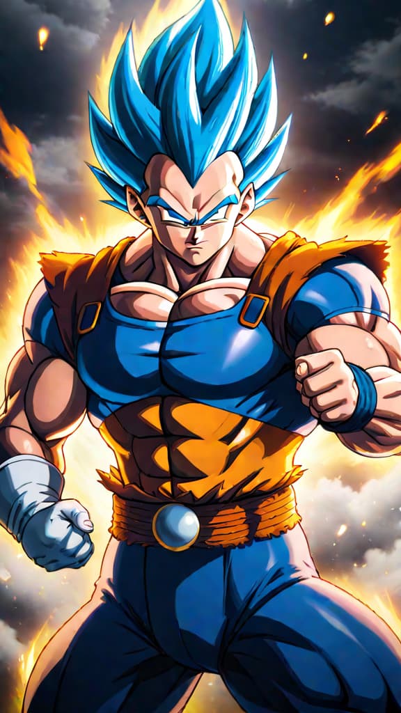  anime art: vegeta harnessing ultra instinct, blending fierce pride with serene combat, poised to surpass goku. hyperrealistic, full body, detailed clothing, highly detailed, cinematic lighting, stunningly beautiful, intricate, sharp focus, f/1. 8, 85mm, (centered image composition), (professionally color graded), ((bright soft diffused light)), volumetric fog, trending on instagram, trending on tumblr, HDR 4K, 8K