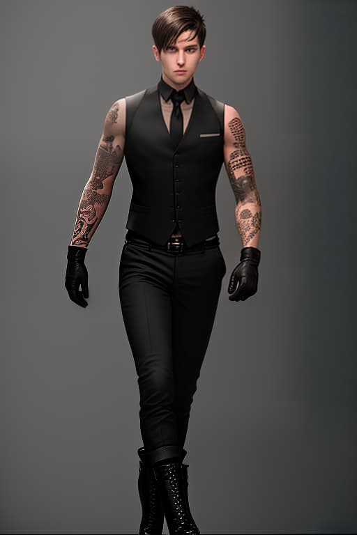  brunette guy with short hair, black vest. tattoos on hands, half gloves, black pants. boots on feet, agent