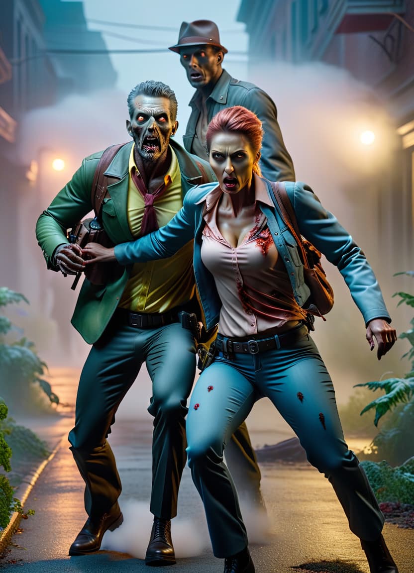  two people flee from zombie infected mutants hyperrealistic, full body, detailed clothing, highly detailed, cinematic lighting, stunningly beautiful, intricate, sharp focus, f/1. 8, 85mm, (centered image composition), (professionally color graded), ((bright soft diffused light)), volumetric fog, trending on instagram, trending on tumblr, HDR 4K, 8K