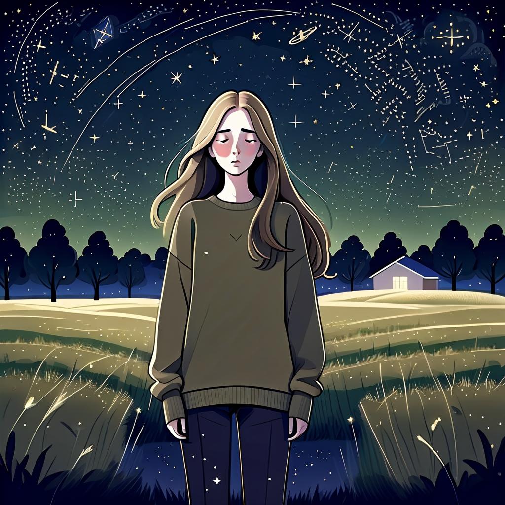  architectural style a girl with long hair stands in the middle of a field wearing a khaki sweater and pants. the girl looks at the starry sky at night in hope, fear of the unknown and curiosity and pulls her hand to the night sky. . clean lines, geometric shapes, minimalist, modern, architectural drawing, highly detailed