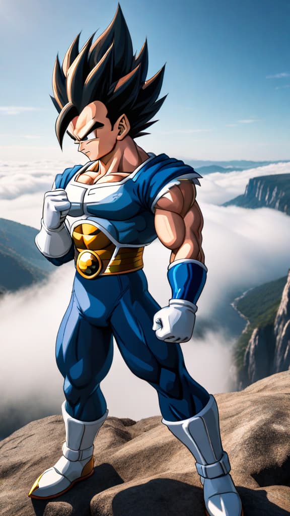  vegeta from dragon ball standing on a cliff, eyes determined, clenching fists, anime art hyperrealistic, full body, detailed clothing, highly detailed, cinematic lighting, stunningly beautiful, intricate, sharp focus, f/1. 8, 85mm, (centered image composition), (professionally color graded), ((bright soft diffused light)), volumetric fog, trending on instagram, trending on tumblr, HDR 4K, 8K